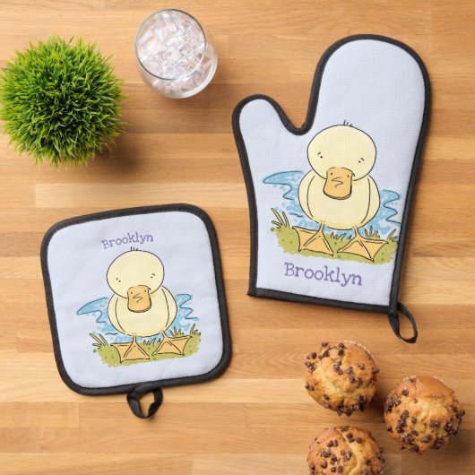 Cute yellow baby ducking cartoon illustratie ovenwant & pannenlap set (Top down)