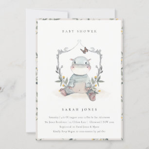 Cute Yellow Baby Hippo Foliage Baby shower Invite Bedankkaart