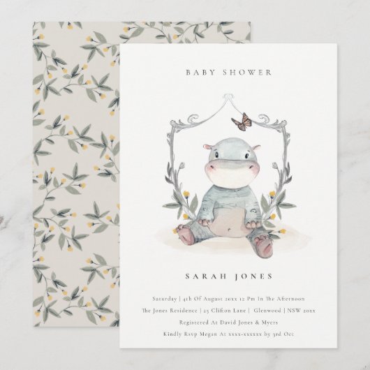 Cute Yellow Baby Hippo Foliage Baby shower Invite Bedankkaart (Voorkant / Achterkant)