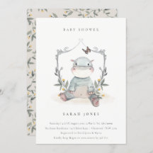 Cute Yellow Baby Hippo Foliage Baby shower Invite
