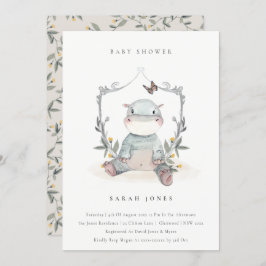 Cute Yellow Baby Hippo Foliage Baby shower Invite Bedankkaart