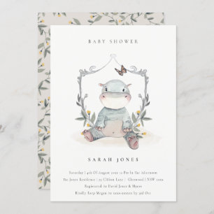 Cute Yellow Baby Hippo Foliage Baby shower Invite Bedankkaart