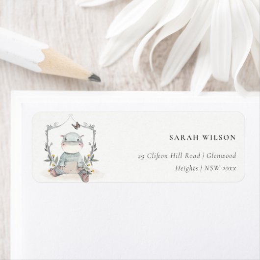 Cute Yellow Baby Hippo Foliage Ballonadres Etiket (Insitu)