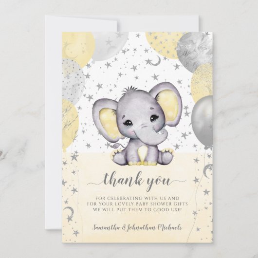 Cute Yellow Baby shower Elephant-ballonnen Bedankkaart (Voorkant)