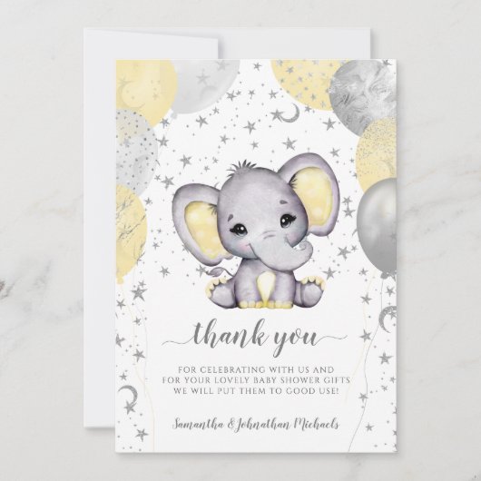 Cute Yellow Baby shower Elephant Balloons Bedankt (Voorkant)