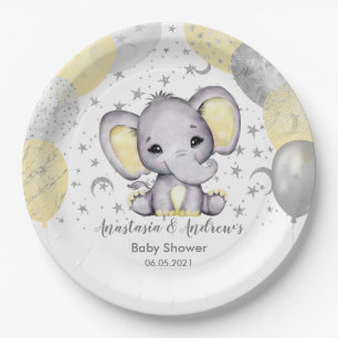 Cute Yellow Baby shower Elephant Balloons Paper Pl Papieren Bordje