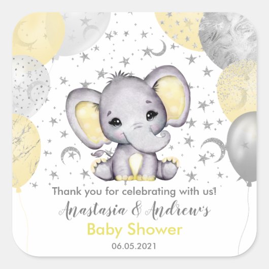 Cute Yellow Baby shower Elephant Balloons Square S Vierkante Sticker (Voorkant)