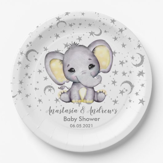 Cute Yellow Baby shower Elephant Papieren Bordje (Voorkant)