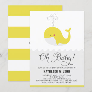 Cute Yellow Baby Whale Oh Baby Baby shower Kaart