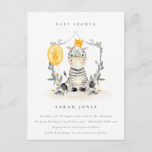 Cute Yellow Baby Zebra Foliage Baby shower Briefkaart (Voorkant)