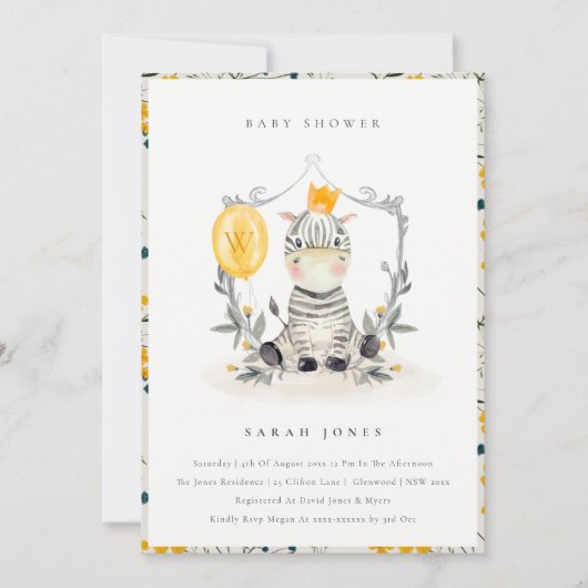 Cute Yellow Baby Zebra Foliage Baby shower Invite Bedankkaart (Voorkant)