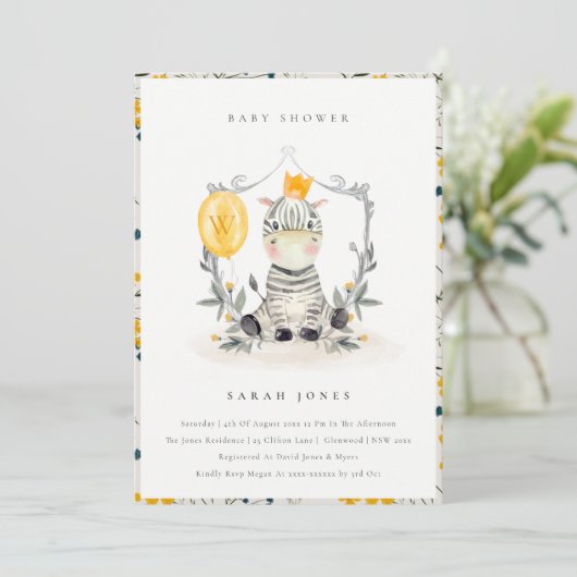 Cute Yellow Baby Zebra Foliage Baby shower Invite Bedankkaart (Staand voorkant)