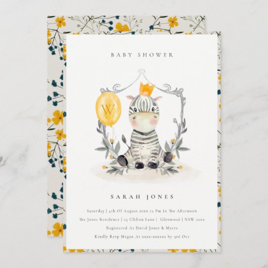Cute Yellow Baby Zebra Foliage Baby shower Invite Bedankkaart (Voorkant / Achterkant)