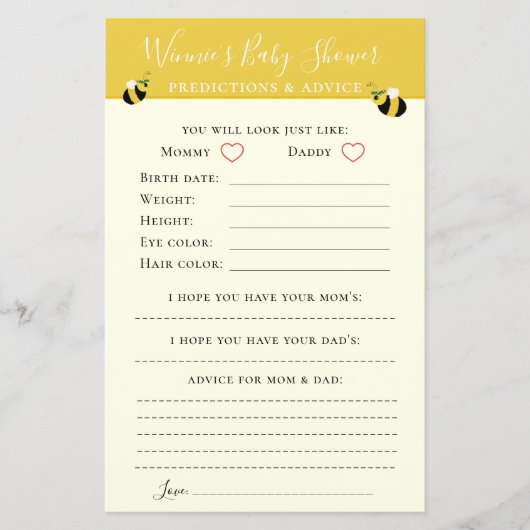 Cute Yellow Bee Baby shower Advice en Predictions (Voorkant)