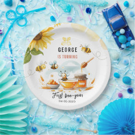 Cute Yellow Bee & Sunflower 1st Bee-Day Birthday Papieren Bordje