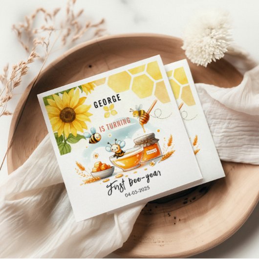 Cute Yellow Bee & Sunflower 1st Bee-Day Birthday Servet