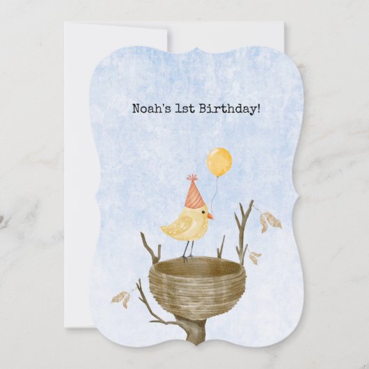 Cute Yellow Bird With Balloon Birthday Invitation Kaart (Voorkant)