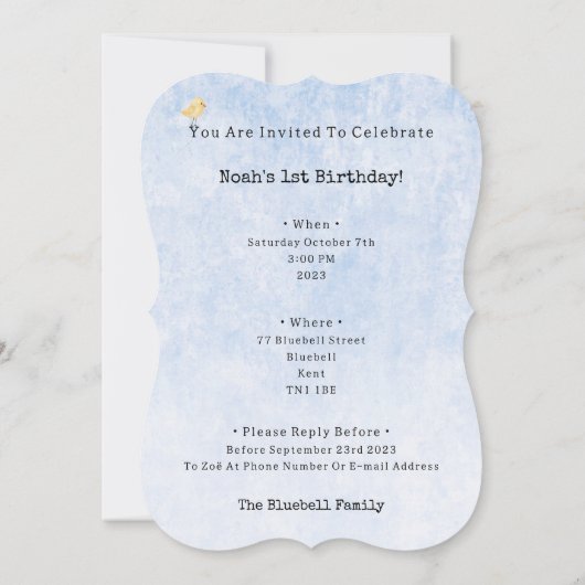 Cute Yellow Bird With Balloon Birthday Invitation Kaart (Achterkant)