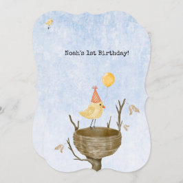 Cute Yellow Bird With Balloon Birthday Invitation Kaart