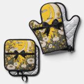 Cute Yellow Black Bow Easter Ovenwant & Pannenlap Set (Voorkant / Achterkant)