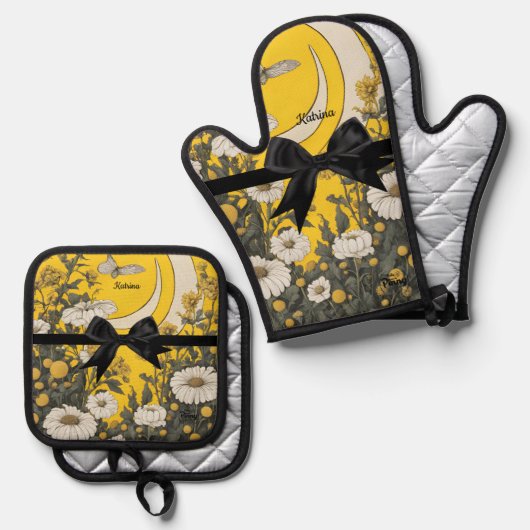 Cute Yellow Black Bow Easter Ovenwant & Pannenlap Set (Voorkant / Achterkant)