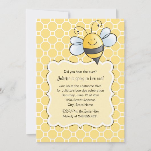 Cute Yellow Black Bumblebee First Birthday Party Kaart (Voorkant)