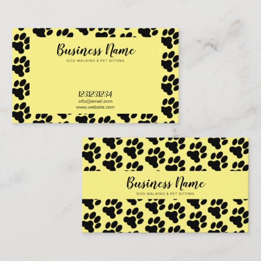 Cute Yellow & Black Paw Print Pattern Dog Walking Visitekaartje (Voorkant / Achterkant)