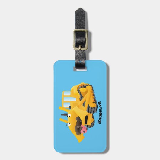 Cute yellow bulldozer cartoon bagagelabel (Voorkant verticaal)