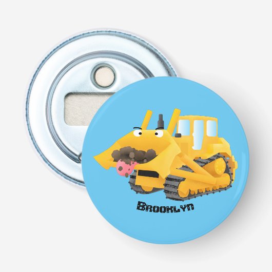 Cute yellow bulldozer cartoon button flesopener (Voorkant)