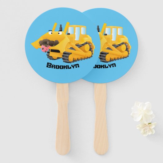 Cute yellow bulldozer cartoon handwaaier (Voorkant en achterkant)