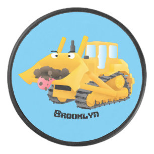 Cute yellow bulldozer cartoon hockey puck