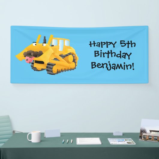Cute yellow bulldozer cartoon spandoek (Beurs)