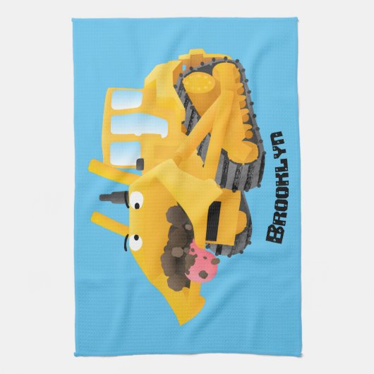 Cute yellow bulldozer cartoon theedoek (Verticaal)