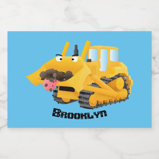 Cute yellow bulldozer cartoon voedselcontainer etiket (Enkel label)
