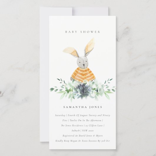 Cute Yellow Bunny Garden Fauna Baby shower Invite Bedankkaart (Voorkant)