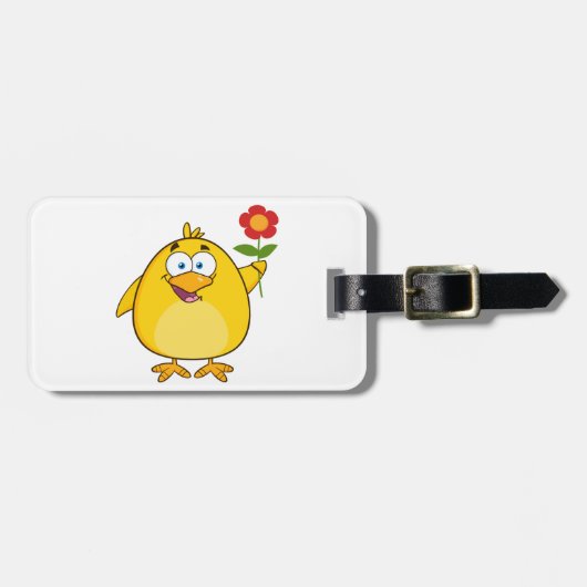 Cute Yellow Cartoon Chick with Flower Bagagelabel (Voorkant horizontaal)