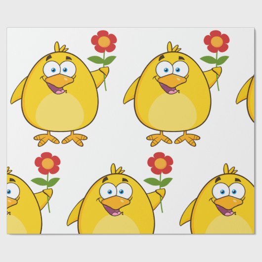 Cute Yellow Cartoon Chick with Flower Cadeaupapier (Vlak)