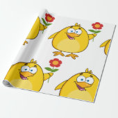 Cute Yellow Cartoon Chick with Flower Cadeaupapier (Uitgerold)