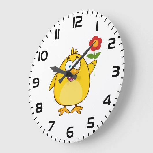 Cute Yellow Cartoon Chick with Flower Grote Klok (Hoek)