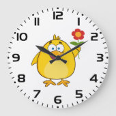 Cute Yellow Cartoon Chick with Flower Grote Klok (Voorkant)