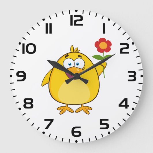 Cute Yellow Cartoon Chick with Flower Grote Klok (Voorkant)