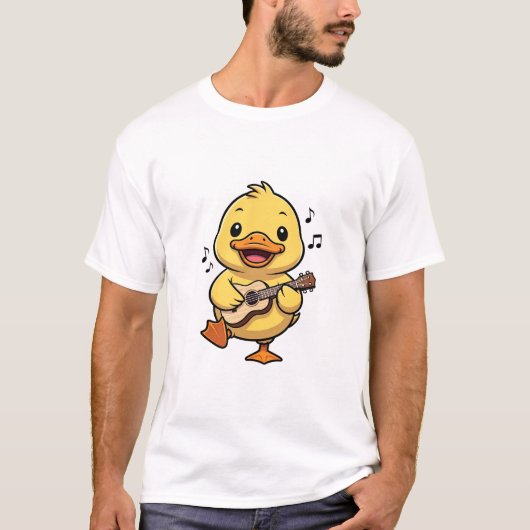 Cute Yellow Cartoon Duck Playing Ukulele T-shirt (Voorkant)