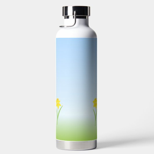 Cute Yellow Chick en Flowers op Light Blue Waterfles (Rechts)