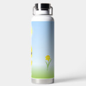 Cute Yellow Chick en Flowers op Light Blue Waterfles (Achterkant)