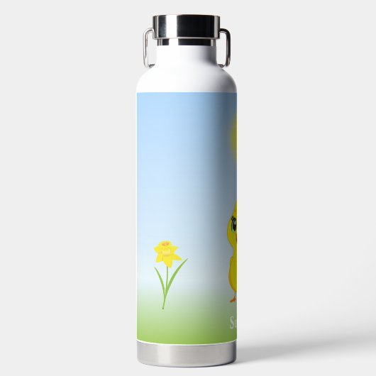 Cute Yellow Chick en Flowers op Light Blue Waterfles (Voorkant)