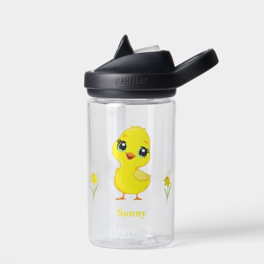 Cute Yellow Chick en Flowers Waterfles (Links)
