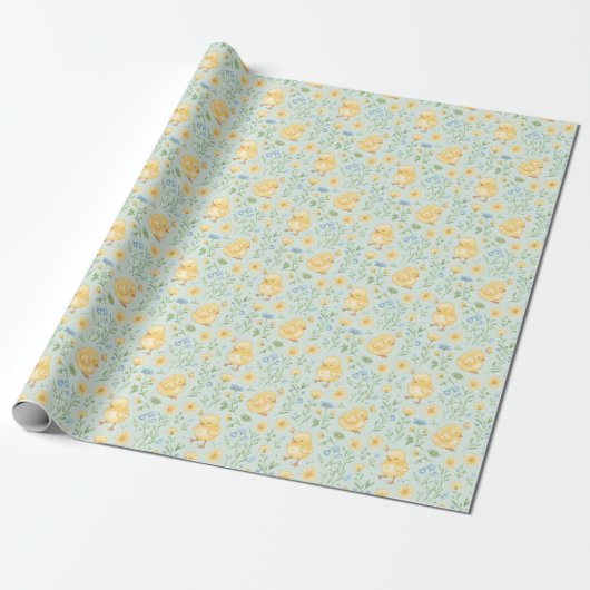 Cute Yellow Chicks and Flowers Pattern Cadeaupapier (Uitgerold)