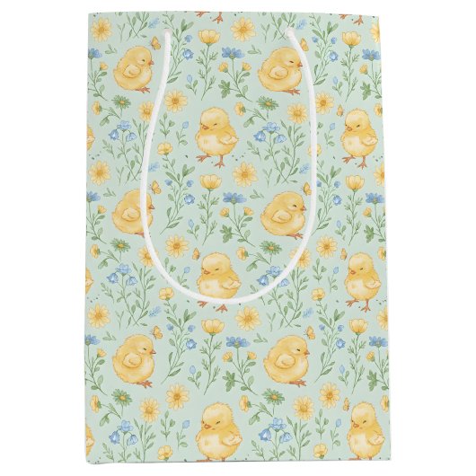 Cute Yellow Chicks and Flowers Pattern Medium Cadeauzakje (Voorkant)