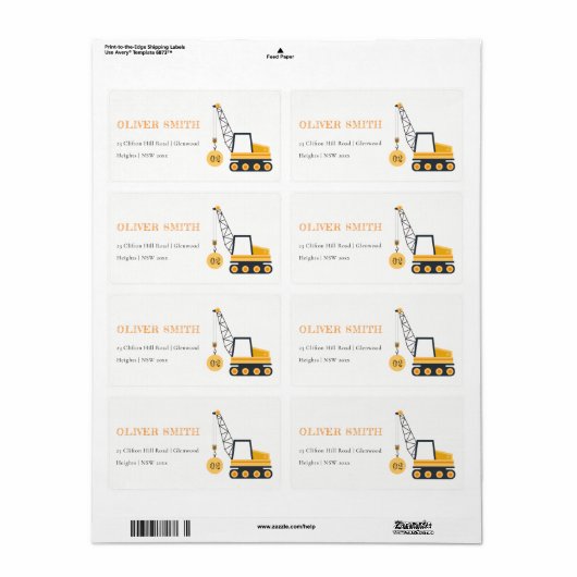 Cute Yellow Construction Crane Vehicle Adres Etiket (Full Sheet)