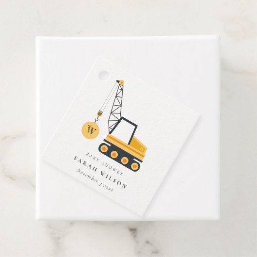 Cute Yellow Construction Crane Vehicle Baby shower Bedankjes Labels (In situ)